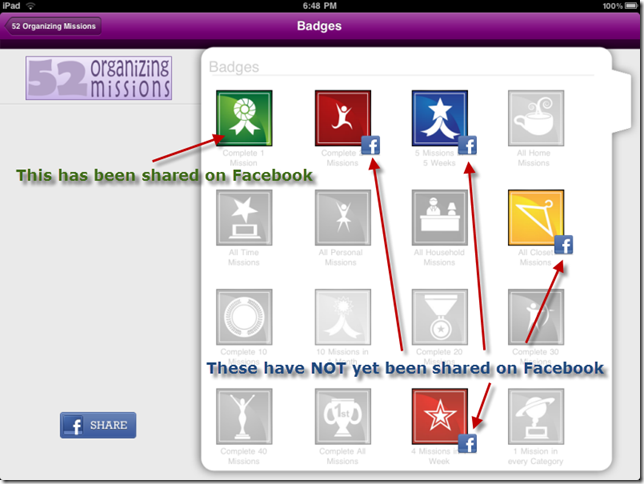 Click the Share button to share your badges on Facebook