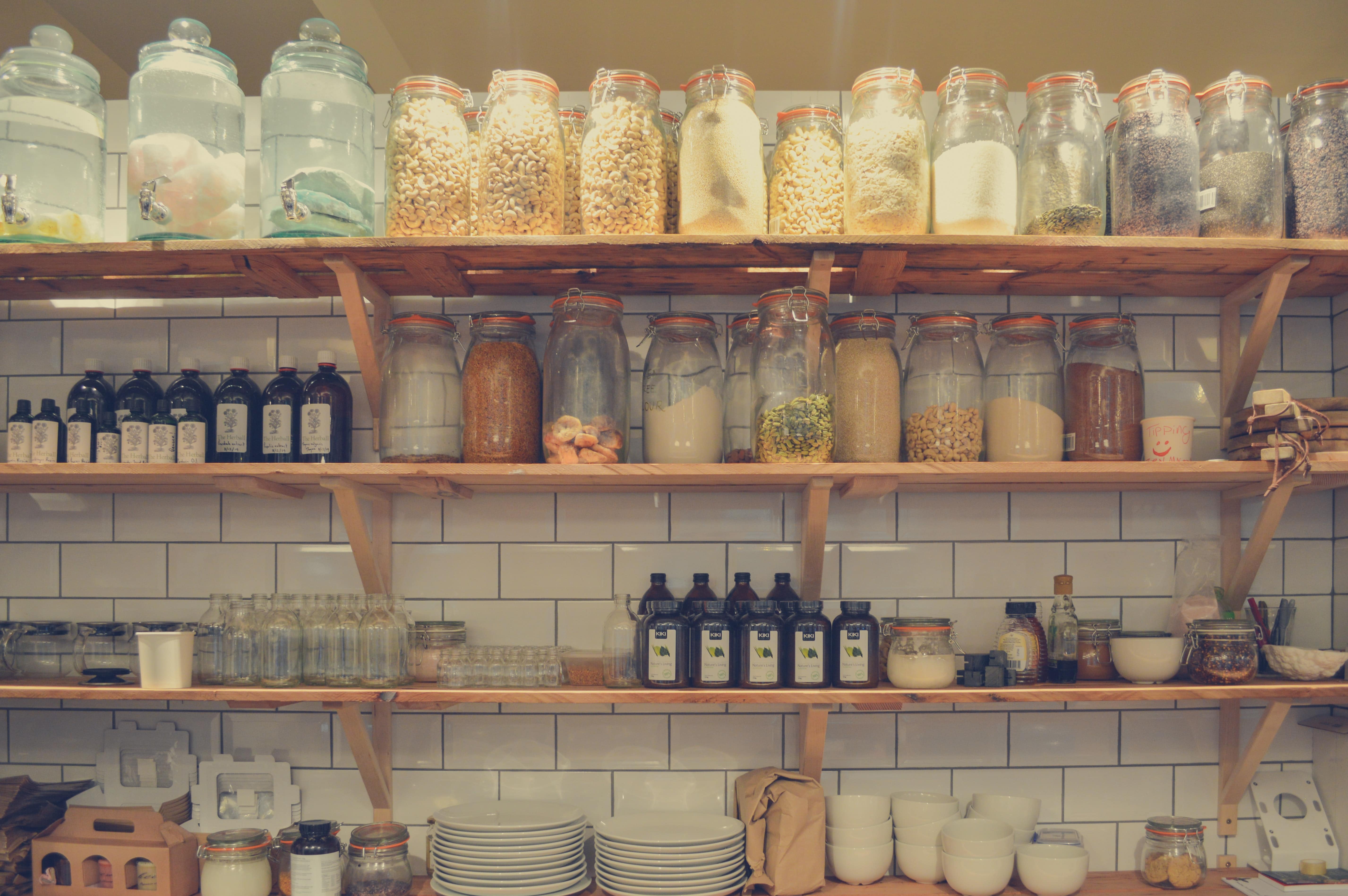 clear glass jars on rack