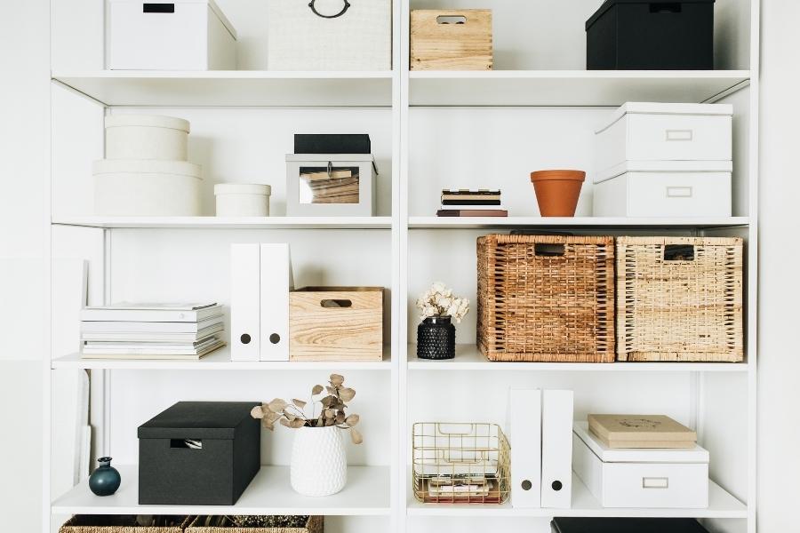 a few baskets with files piled neatly