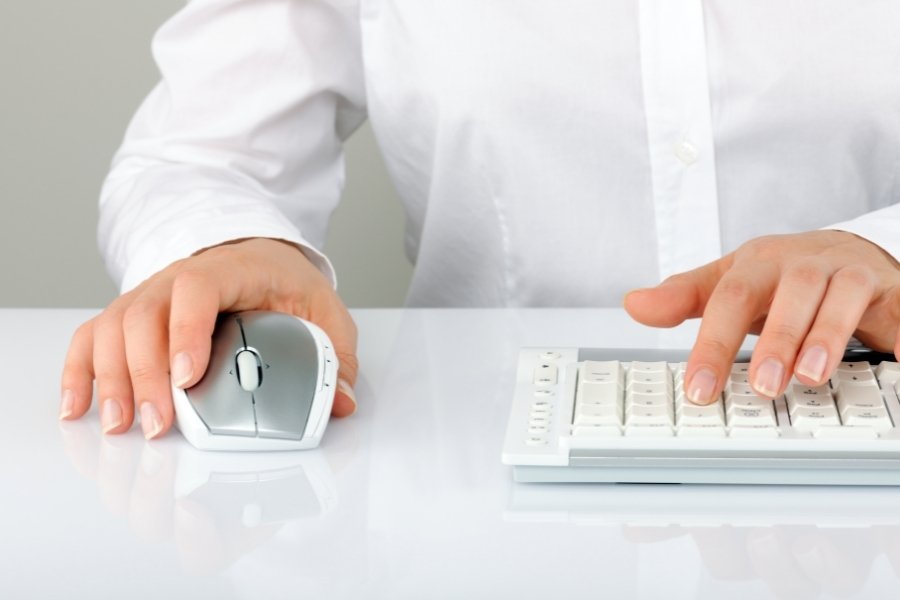 white keyboard and two-tone colored mouse