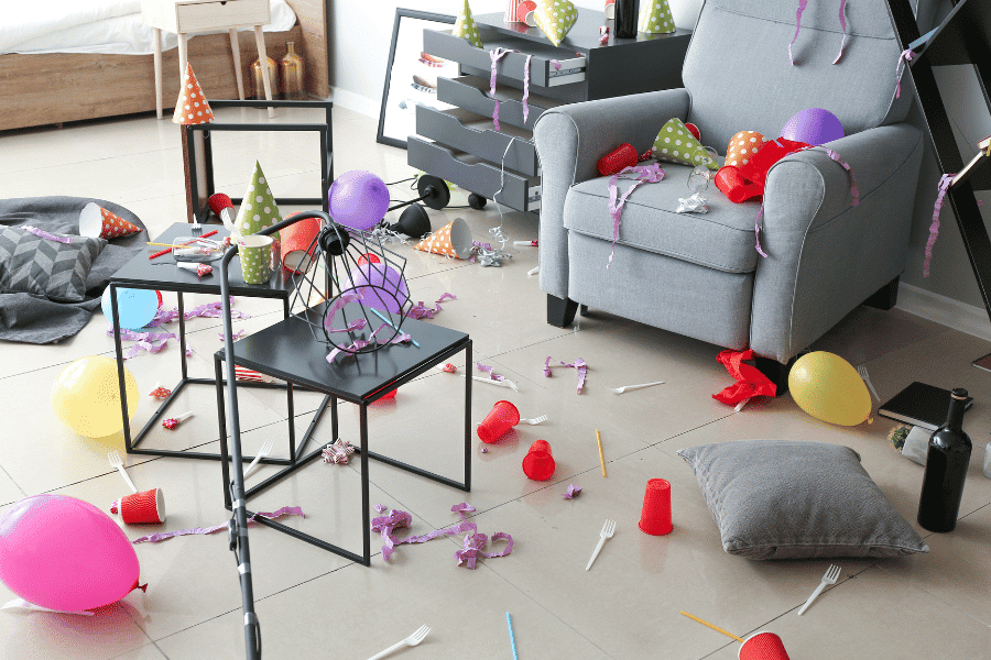 party stuffs scattered in the living room