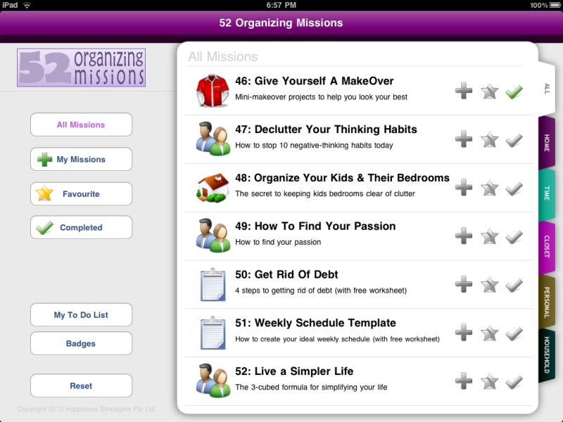 Missions cover home, personal time management, household and closet-clearing tasks